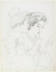 研究女人拿着唇刷，1919年 作者 桥口吾代