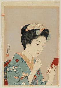 女人应用唇胭脂，大正时代，1920年2月（彩色木版画）