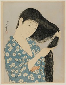 女人梳理她的头发，大正时代，1920年3月（彩色木版画） 作者 桥口吾代