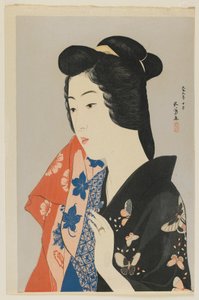 女人拿着一条毛巾，大正时代，1920年10月（彩色木版画）