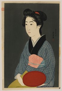 女人拿着一个托盘，大正时代，1920年1月（彩色木版画）