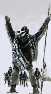 身份不明的印第安人站在美国骑兵面前