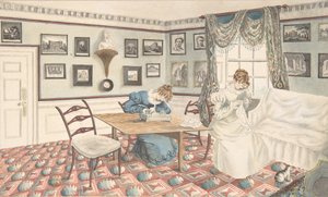 两名年轻女子在沃里克郡哈顿的室内写作和缝制，1820-30。 作者 博士的孙女塞缪尔·帕尔