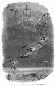 这是漫画家格兰维尔在死前的噩梦中梦见的场景。乔治-巴塔耶曾这样描述这幅版画：罪犯梦见自己在黑暗的树林里打了一个人。人的鲜血被涂抹开来，他的表情是