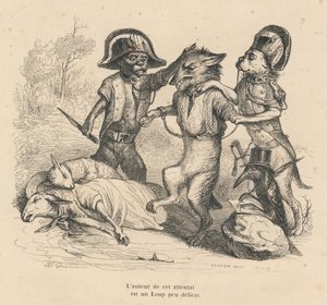 逮捕一只刚刚杀死两只羊的狼。由JJ-格兰维尔绘制的小插图。在Emile de La Bedolliere撰写的 "Scenes de la vie privee et p p "中题为 "Cour criminelle de justice animale "的部分，有Andrew、Best和Leloir的签名版画。 作者 格兰维尔
