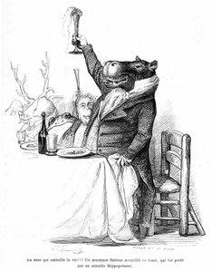 格兰德维尔版画，选自《动物的私人和公共生活》（Les animaux ints par eux memes）一书，1867 年版，赫策尔（Hetzel）--河马世故地坐在宴会的桌边，举杯祝酒。传说：美化生活的性！