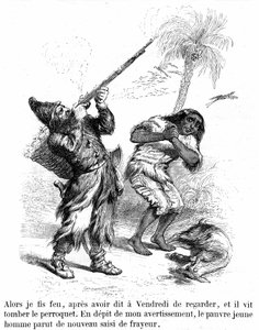 格兰维尔所著丹尼尔-德-福（DeFoe）的小说《鲁滨逊漂流记》的插图--1869 年加尼耶版，第 193 页。鲁滨逊在 "星期五 "前用步枪射击。