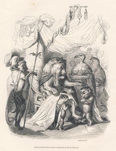年轻的小狮子得到了狮王的祝福。由JJ-格兰维尔绘制的小插图。在Honore de Balzac写的 "Scenes de la vie privee et publique des "中题为 "Voyage d