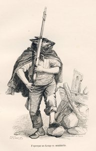 狼是一个哨兵。由JJ-格兰维尔绘制的小插图。在乔治-桑写的 "Scenes de la vie privee et publique des animaux "中题为 "Voyage d