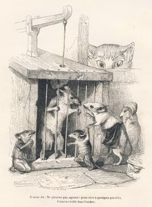 陷阱：猫看着老鼠来为被俘虏的人哭泣。JJ Granville的插图小品。题为 "Le rat philosophe "的雕版画，由爱德华-勒莫瓦在 "Scenes de la vie privee "中写道，署名为安德鲁、贝斯特和勒罗尔。 作者 格兰维尔