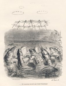 水上动物和蜻蜓的回合。JJ Granville的插图小品。在PJ Stahl撰写的 "Scenes de la vie privee et publique des animaux "中题为 "Souvenirs d
