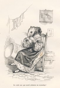 老鼠补袜子。JJ Granville的插图小品。在Edouard Lemoine在 "Scenes de la vie privee et publique des animaux "中撰写的题为 "Le rat philosophe "的部分中签署了Andrew、Best和Leloir的版画。巴黎，J. Hetzel e 作者 格兰维尔
