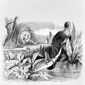 鸽子和蚂蚁，狮子和老鼠，La Fontaine的“寓言”插图，由H. Fournier Aine出版，1838年 作者 格兰维尔