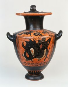 阁楼上的黑色数字hydria，描绘的是雅典娜和伊拉克利翁在战斗中，以及下方，伊拉克利人与尼雷欧斯的搏斗，约公元前520年 作者 希腊文