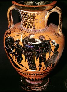 阁楼黑色花瓶描绘了Synthos，得墨忒耳，爱马仕和船夫，公元前5505-540（陶器）