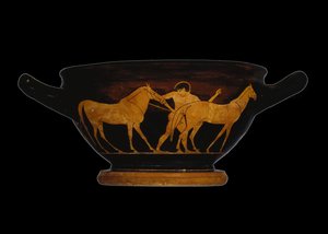 阁楼红色图形天空，描绘了赫拉克勒斯和Diomedes的Mares（陶器） 作者 希腊文