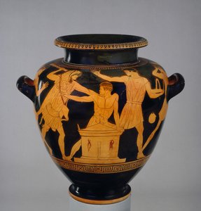 阁下红色身材stamnos装饰着埃及国王赫拉克勒斯和布西里斯，由柏林画家的后期追随者，来自公元前4-40-460的Vulci（陶瓷）