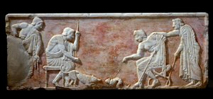 希腊艺术： Kouros 基地代表两个年轻人兴奋一只狗和一只猫 - 公元前 510-500 年的大理石浮雕长袜 - 雅典娜考古博物馆 - 两个年轻人玩狗和一只猫 - 白色大理石浮雕（库罗斯雕像的底座） ), 公元前 510-500 年 - 北 作者 希腊文