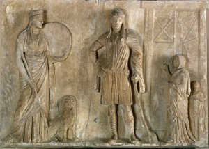 希腊艺术：““弗里吉亚神仙 Cybele 和 Attis，他的儿子和情人”“公元前 2 世纪的大理石浮雕。 威尼斯考古博物馆 作者 希腊文