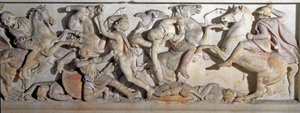Greek Art: “” sarcophagus of Alexander the Great (356-323 BC)”” View of the reliefs representing the Battle of Issos in 333 BC between the Greeks and the Persians. From the Phenician necropolis of Sidon. 4th century BC. Dim. 195 x 318 x167 cm Istanbul, arc 作者 希腊文