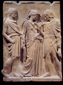 希腊古董：爱马仕准备带回地狱的奥尔菲与欧律狄刻的告别。 给出 Zethus、Antiope 和 Amphion 名字的铭文可以追溯到文艺复兴时期。 低大理石浮雕。 公元前 480-323 年。 Sun 1,2 m 巴黎，卢浮宫 作者 希腊文
