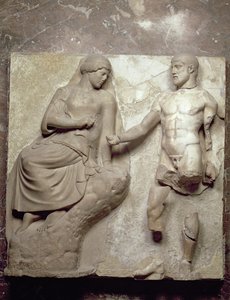 Hercules和Minerva，描绘了奥林匹亚宙斯神庙的赫拉克勒斯劳动力之一，早期古典时期，公元前470  -  457年（Parian大理石）