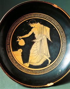 Douris 的 Kylix 描绘了祭坛附近的青年，公元前 6 世纪（陶器） 作者 希腊文