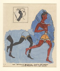 来自Knossos的壁画片段，带有现代修复体;奔跑的士兵，公元前1450-1400 作者 希腊学派