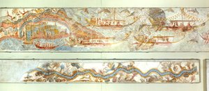 海军探险和河流景观，阿克罗蒂里壁画，锡拉岛（今圣托里尼岛），希腊，米诺斯文明 作者 希腊学派