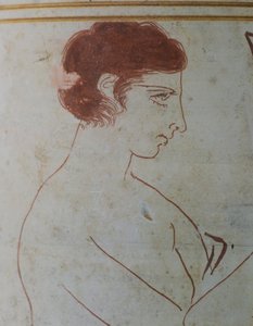 公元前 420-410 年，希腊雅典出土的白地陶器，阿提卡人的 lekythos，表现了一位勇士坐在墓前的葬礼场景，据说是以弗所画家帕尔哈西乌斯（Parrhasius of Ephesus）所作。细节。希腊文明，公元前 5 世纪。 作者 希腊学派