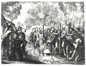 法国Nouvelle的一些耶稣会教父的死亡，来自Francois Ducreux的“Historiae Canadensis”，于1664年出版 作者 格雷戈尔·赫雷特