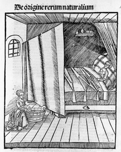 助产士在母亲休息时清洁刚出生的婴儿。 雕刻 - 巴塞尔 Gregor Reisch（1467-1525）的“玛格丽塔哲学” 作者 格里戈里斯