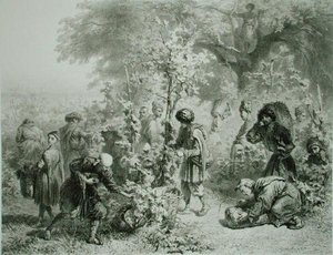 格鲁吉亚Kakhetie的葡萄收成，板块30来自一本关于高加索的书，由Eugene Le Roux（1807-63）雕刻，巴黎Alfred Leon Lemercier出版。
