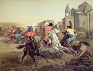 亚美尼亚波斯人和库尔德人的短兵相接，由Alfred Leon Lemercier印刷，巴黎，约1850-60年（彩色平版印刷）。