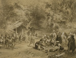 狩猎结束，明雷利亚，高加索地区的一本书，由Adolphe Mouilleron（1820-81）雕刻，由Alfred Leon Lemercier，巴黎出版，1847年
