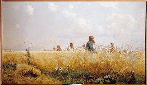俄罗斯农民割草收割。 Grigori Miassoiedow (1835-1911) 的绘画 19 世纪彼得夏宫，城堡图书馆 作者 格里戈里·米亚索耶多夫（Grigoriy Myasoyedov）