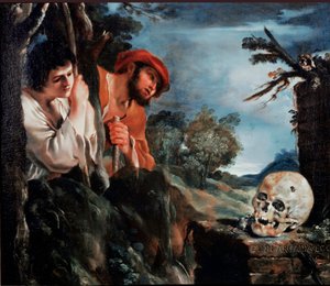 阿卡迪亚人的牧羊人在希腊伯罗奔尼撒岛的一座坟墓周围。 Giovanni Francesco Barbieri Guerchin dit Il Guercino (1591-1666) 1618 年在罗马附近的绘画（Vanita），Galleria Corsini 作者 格尔奇诺