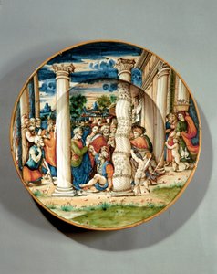 描绘圣彼得和圣约翰在圣殿医治瘸腿人的碟子，约 1540-50（麦奥利卡画） 作者 Guido Di (梅里诺工作室)