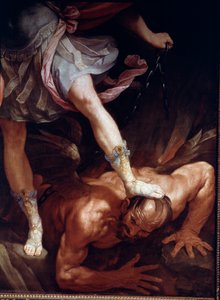圣迈克尔粉碎了恶魔的头。 凉鞋的细节（丝绸绘画 作者 吉多·雷尼（Guido Reni）