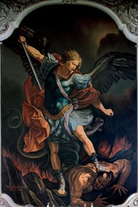 大天使圣米迦勒困龙》，V. M. De Girolamo（20 世纪）根据 Guido Reni 创作。1957 作者 吉多·雷尼（Guido Reni）