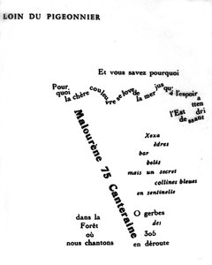 纪尧姆-阿波利奈尔（1880-1918）的书法作品。"远离鸽子"（Far from the pigeonnier）。