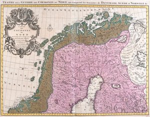 北欧国家地图，丹麦、瑞典和挪威的王国（蚀刻版）。