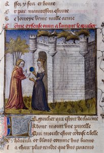 A gallant scene between two lovers: the girl invites her lover to enter. Miniature from “" Le Romanesque de la Rose "” by Guillaume de Lorris