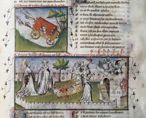 How Venus arrives and stormed the castle built by jealousy, Miniature by Guillaume Lorris from the manuscript Le Romanesque de la Rose,