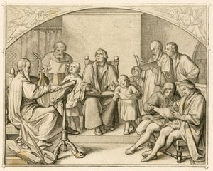 在约翰内斯-瓦尔特（Johannes Walther，1496-1570 年）的引导下，路德与他的子女和朋友们一起引入了德国新教的宗教信仰。 作者 古斯塔夫·费迪南德·利奥波德·科尼格