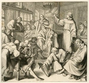 马丁·路德与博士的讨论 约翰内斯·艾克（Johann Maier von Eck）（1486-1543），路德一边有菲利普·梅兰希顿（Philipp Melanchthon，1497-1560）和卡尔施塔特（Andreas Rudolf Bodenstein von Karlstadt） 作者 古斯塔夫·费迪南德·利奥波德·科尼格