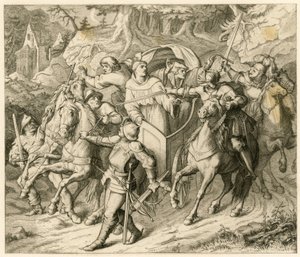 1521 年，马丁·路德在回程途中被豪普特曼·冯·贝尔莱普施 (Hauptmann von Berlepsch) 和布克哈德·洪德 (Burkhard Hund) 绑架，原因是教皇被逐出教会，皇帝被判非法。 作者 古斯塔夫·费迪南德·利奥波德·科尼格