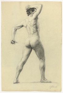 男性裸体背影，约 1880 年（纸上用白色粉笔加高铅笔） 作者 古斯塔夫·克里姆特