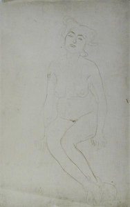 坐着的裸体女人，约1903年（日本纸上的铅笔和红色蜡笔）（黑白照片）。 作者 古斯塔夫·克里姆特