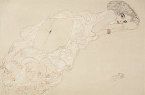 斜倚裸体躺在她的肚子上，朝右，1910年 作者 古斯塔夫·克里姆特